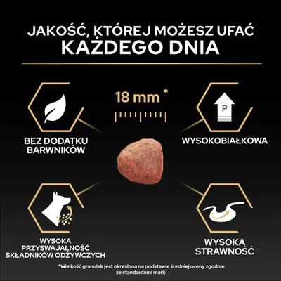 Kawałek karmy o rozmiarze 18 mm, bez barwników, o wysokiej zawartości białka, wysokiej przyswajalności składników odżywczych oraz wysokiej strawności zgodnie z opisem produktu. Kawałek karmy o rozmiarze 18 mm, bez barwników, o wysokiej zawartości białka, wysokiej przyswajalności składników odżywczych oraz wysokiej strawności zgodnie z opisem produktu.