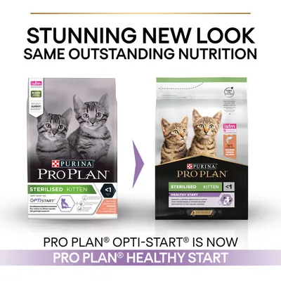 Purina Pro Plan Sterilised Kitten food packaging change: old Opti-Start pack on left, new Healthy Start pack on right. Text: 'Stunning new look, same outstanding nutrition'.