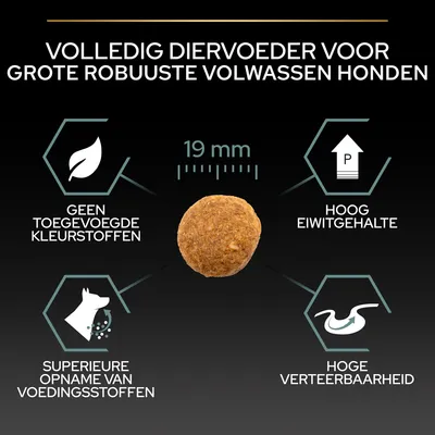 Volledig diervoeder voor grote robuuste volwassen honden, brok 19 mm. Geen toegevoegde kleurstoffen, hoog eiwitgehalte, superieure opname van voedingsstoffen, hoge verteerbaarheid.