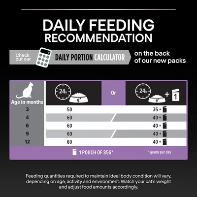 Daily feeding guide for cats by age in months: 3–12 months, dry food grams per day or dry plus 1 pouch of 85g wet food. Portion calculator info also shown. Adjust amounts as needed.