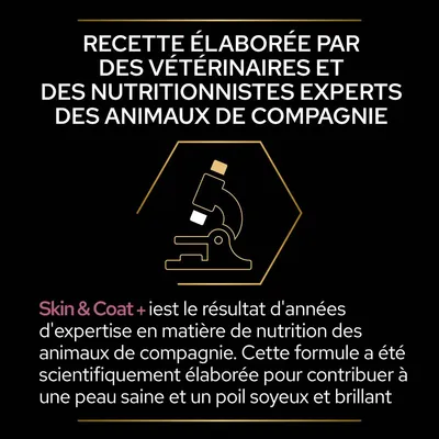 Recette élaborée par des vétérinaires et nutritionnistes experts. Skin & Coat+ : formule pour une peau saine et un poil soyeux, résultat d'années d'expertise en nutrition animale.