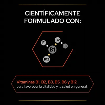 Científicamente formulado con: Vitaminas B1, B2, B3, B5, B6, B12 y E para favorecer la vitalidad y la salud en general.