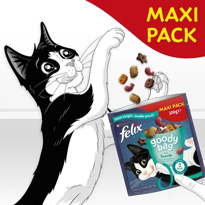 Felix goody bag seaside maxi pack 200g shown with assorted treats and cartoon cat illustration. Text highlights same weight, smaller pouch and 2 kcal per treat.
