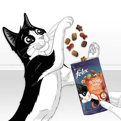 Illustration showing treats being poured from a Felix goody bag mixed grill pack, with treat shapes visible and 2 kcal per treat highlighted on the packaging.