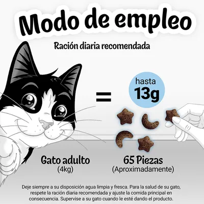 Modo de empleo: ración diaria recomendada para gato adulto (4 kg) es hasta 13 g, aproximadamente 65 piezas. Incluye consejos sobre agua limpia y supervisión al dar el producto.