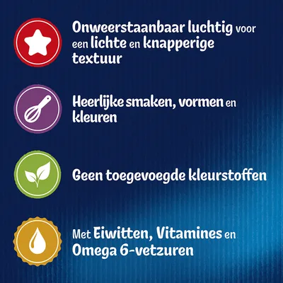 Onweerstaanbaar luchtig, lichte en knapperige textuur. Heerlijke smaken, vormen en kleuren. Geen toegevoegde kleurstoffen. Met eiwitten, vitamines en omega 6-vetzuren.