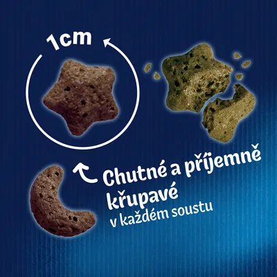 Granule ve tvaru hvězdy a půlměsíce, velikost 1 cm. Text: Chutné a příjemně křupavé v každém soustu.