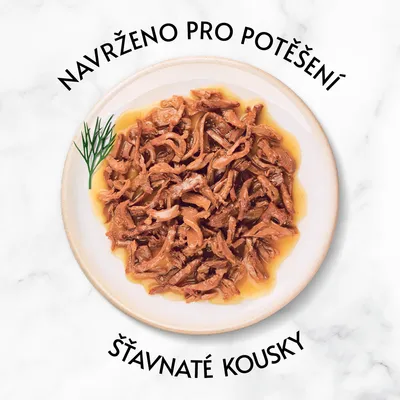 Text v češtine: Navrženo pro potěšení, šťavnaté kousky. Tanier s kúskami mäsa v omáčke.