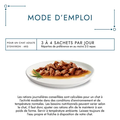 Mode d’emploi : pour un chat adulte d’environ 4 kg, 3 à 4 sachets par jour, répartis en 2–3 repas. Servir à température ambiante, eau fraîche toujours disponible.