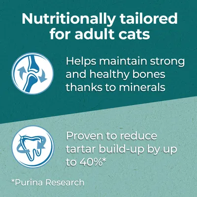 Nutritionally tailored for adult cats. Helps maintain strong and healthy bones thanks to minerals. Proven to reduce tartar build-up by up to 40 %. *Purina Research. Tekst på engelsk.