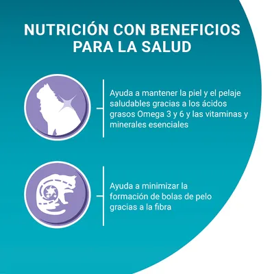 Nutrición con beneficios para la salud: ayuda a mantener piel y pelaje saludables con Omega 3, 6, vitaminas y minerales; minimiza bolas de pelo gracias a la fibra.