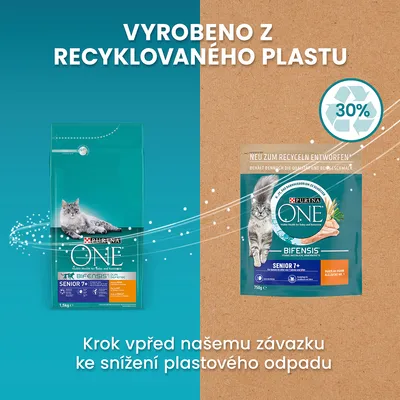 PURINA ONE Bifensis Senior 7+ pro kočky, balení s textem: Vyrobeno z recyklovaného plastu, 30 %, krok vpřed našemu závazku ke snížení plastového odpadu.