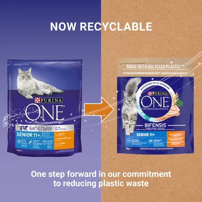 Purina One Senior 11+ packaging update showing transition to recyclable and recycled plastic, with text stating commitment to reducing plastic waste.