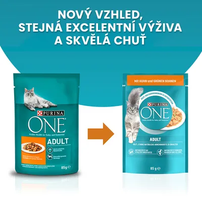 Porovnání starého a nového obalu PURINA ONE ADULT 85 g s textem: Nový vzhled, stejná excelentní výživa a skvělá chuť. Oba obaly zobrazují kočku a produktové informace.