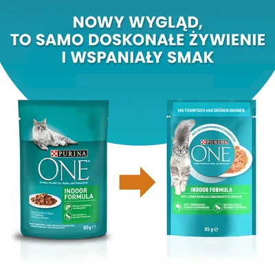 Porównanie opakowań karmy Purina ONE Indoor Formula 85 g dla kotów; po lewej stare, po prawej nowe. Napis: Nowy wygląd, to samo doskonałe żywienie i wspaniały smak.