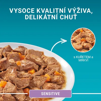 Vysoce kvalitní výživa, delikátní chuť, s kuřetem a mrkví. Nápis SENSITIVE. Zobrazeno maso s kousky mrkve na talíři.