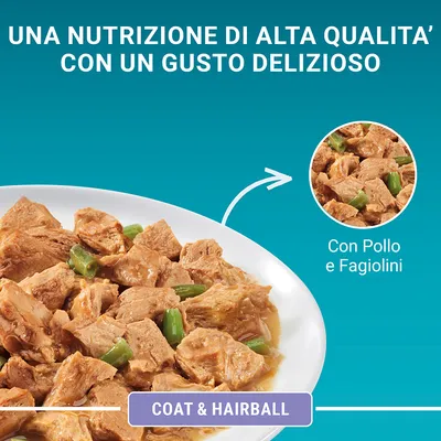 Una nutrizione di alta qualità con un gusto delizioso. Con pollo e fagiolini. Coat & Hairball.