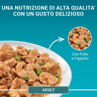 Una nutrizione di alta qualità con un gusto delizioso. Con pollo e fagiolini. ADULT.