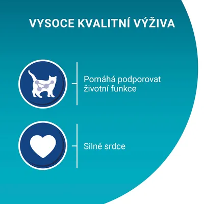 Text v češtine: VYSOCE KVALITNÍ VÝŽIVA, Pomáhá podporovat životní funkce, Silné srdce. Ikony mačky a srdca.