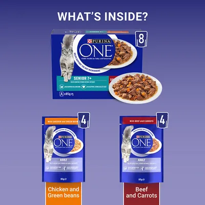 Purina ONE Senior 7+ cat food multipack, 8 x 85g. Includes 4 pouches chicken and green beans, 4 pouches beef and carrots. Visible text: WHAT'S INSIDE?