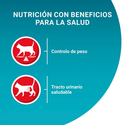 Nutrición con beneficios para la salud: control de peso y tracto urinario saludable. Texto y símbolos de gato junto a cada beneficio.