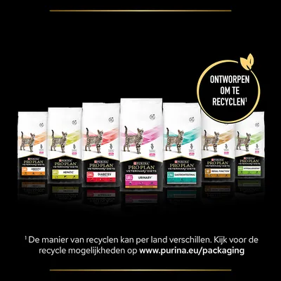PURINA PRO PLAN VETERINARY DIETS kattenvoer, varianten: OBESITY, HEPATIC, DIABETES, URINARY, GASTROINTESTINAL, RENAL FUNCTION, HYPOALLERGENIC. Ontworpen om te recyclen.