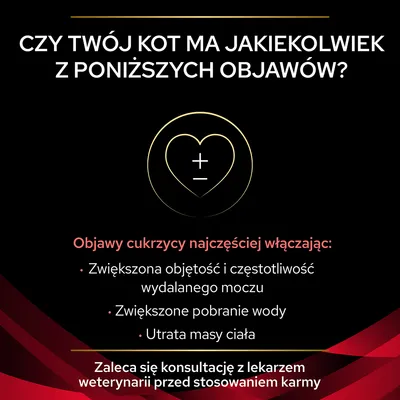 Czy twój kot ma jakiekolwiek z poniższych objawów? Objawy cukrzycy: zwiększona ilość i częstotliwość moczu, zwiększone pobieranie wody, utrata masy ciała. Zaleca się konsultację z weterynarzem.