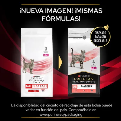 Comparativa de dos envases de Purina Pro Plan Veterinary Diets DM Diabetes Management para gatos, con texto: '¡Nueva imagen! ¡Mismas fórmulas!' y 'Diseñado para ser reciclable'.