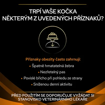 Text v češtine: Trpí vaše kočka některým z uvedených příznaků? Příznaky obezity často zahrnují špatně hmatatelná žebra, nezřetelný pas, povislé břicho, sníženou denní aktivitu.