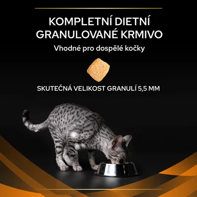 Text v češtine: Kompletní dietní granulované krmivo, vhodné pro dospělé kočky, skutečná velikost granulí 5,5 mm. Obrázok mačky pri miske a jedna granula.