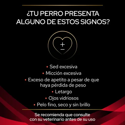 ¿Tu perro presenta alguno de estos signos? Sed excesiva, micción excesiva, exceso de apetito con pérdida de peso, letargo, ojos vidriosos, pelo fino, seco y sin brillo. Consulte a su veterinario.