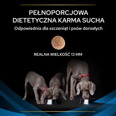 Pełnoporcjowa dietetyczna karma sucha. Odpowiednia dla szczeniąt i psów dorosłych. Realna wielkość 13 mm. Trzy szare psy jedzą z metalowych misek.