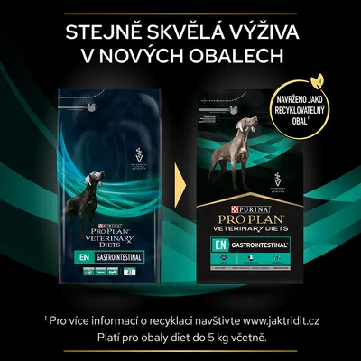PURINA PRO PLAN VETERINARY DIETS EN GASTROINTESTINAL – změna obalu, navrženo jako recyklovatelný obal. Platí pro obaly diet do 5 kg včetně.