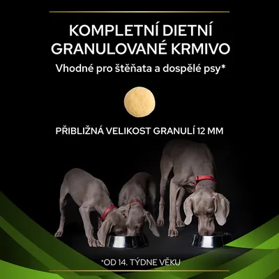 Kompletní dietní granulované krmivo, vhodné pro štěňata a dospělé psy od 14. týdne věku, přibližná velikost granulí 12 mm, tři psi u misek.