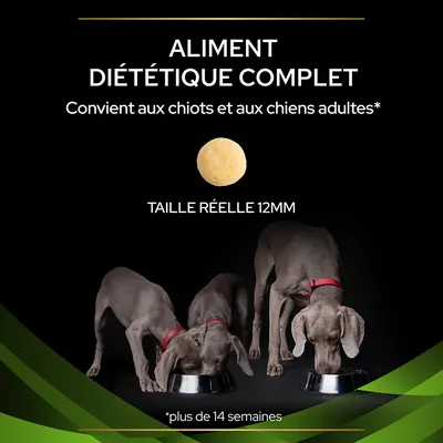 Aliment diététique complet, convient aux chiots et chiens adultes de plus de 14 semaines, taille réelle des croquettes 12 mm, trois chiens gris mangeant dans des gamelles.