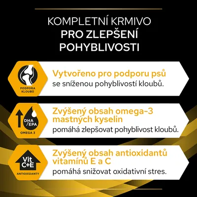 Text v češtine: Kompletní krmivo pro zlepšení pohyblivosti. Podpora kloubů, zvýšený obsah omega-3 mastných kyselin a antioxidantov vitamínov E a C.