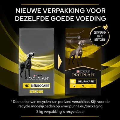 Nieuwe verpakking voor Purina Pro Plan NC NeuroCare hondenvoer, ontworpen om te recyclen. Beide verpakkingen en merknaam zichtbaar. 3 kg verpakking is recyclebaar.