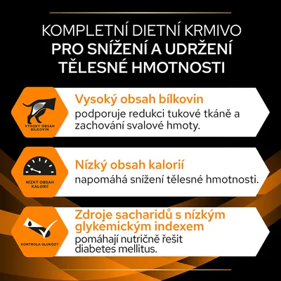 Kompletní dietní krmivo pro snížení a udržení tělesné hmotnosti: vysoký obsah bílkovin, nízký obsah kalorií, zdroje sacharidů s nízkým glykemickým indexem.