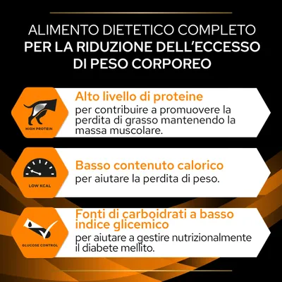 Alimento dietetico completo per la riduzione dell’eccesso di peso corporeo. Alto livello di proteine, basso contenuto calorico, fonti di carboidrati a basso indice glicemico.