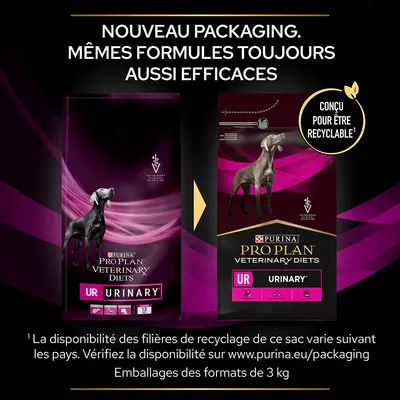 Nouveau packaging PURINA PRO PLAN VETERINARY DIETS UR URINARY pour chien, conçu pour être recyclable. Même formule, efficacité inchangée. Emballages formats 3 kg visibles.