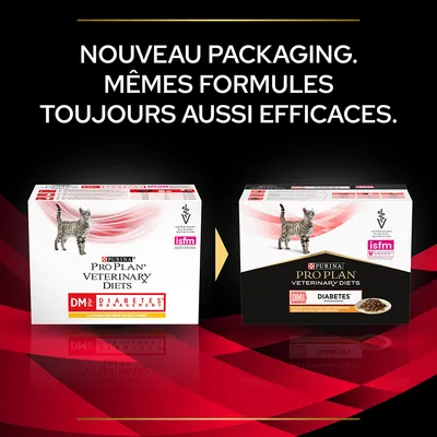 Nouveau packaging pour Purina Pro Plan Veterinary Diets DM Diabetes Management chat, mêmes formules. Deux boîtes montrées : ancien et nouveau design avec logo isfm visible.