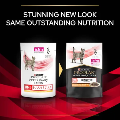 Comparison of old and new packaging for Pro Plan Veterinary Diets DM Diabetes Management, with text: Stunning new look, same outstanding nutrition.