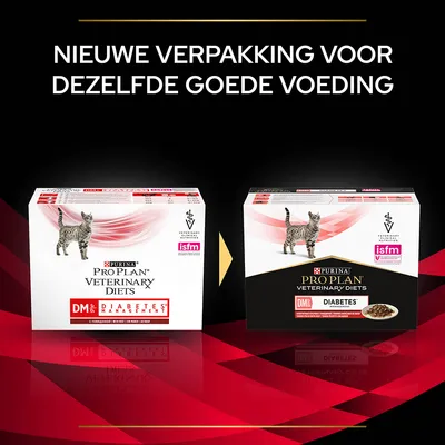 Nieuwe verpakking voor Purina Pro Plan Veterinary Diets DM Diabetes Management kattenvoer, oude en nieuwe doos met kat en isfm-logo zichtbaar.