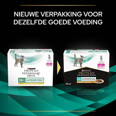 Nieuwe verpakking voor Purina Pro Plan Veterinary Diets EN Gastrointestinal kattenvoer, 850 g. Tekst: 'NIEUWE VERPAKKING VOOR DEZELFDE GOEDE VOEDING'.