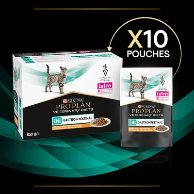 Purina Pro Plan Veterinary Diets EN Gastrointestinal kattenvoer, verpakking met 10 zakjes à 850 g. ISFM-logo zichtbaar op doos en zakje.