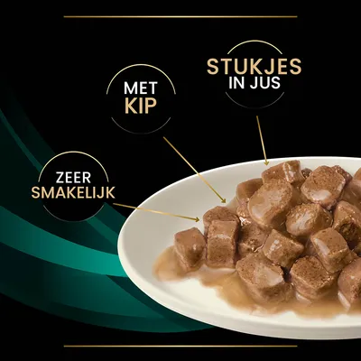 Stukjes in jus, met kip, zeer smakelijk. Afbeelding toont natvoerblokjes op een wit bord met bijschriften over de samenstelling en smaak.