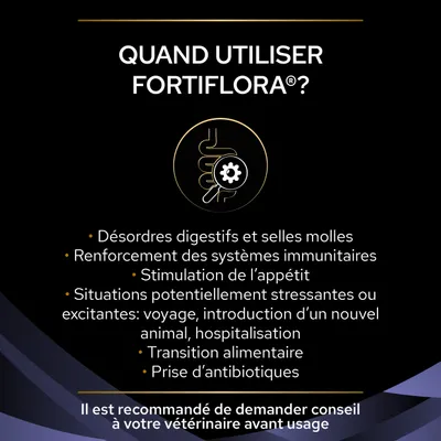 Quand utiliser Fortiflora ? Désordres digestifs, selles molles, renforcement immunitaire, stimulation de l’appétit, situations stressantes, transition alimentaire, prise d’antibiotiques. Il est recommandé de demander conseil à votre vétérinaire avant usage.