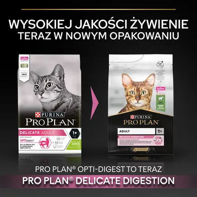 Purina Pro Plan Delicate Adult 1+ karma dla kotów, zmiana opakowania na nowe z nazwą Delicate Digestion. Widoczne oba opakowania i informacja o nowej nazwie produktu.