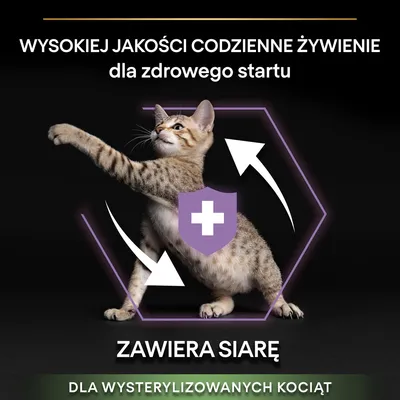 WYSOKIEJ JAKOŚCI CODZIENNE ŻYWIENIE dla zdrowego startu. ZAWIERA SIARĘ. DLA WYSTERYLIZOWANYCH KOCIĄT.