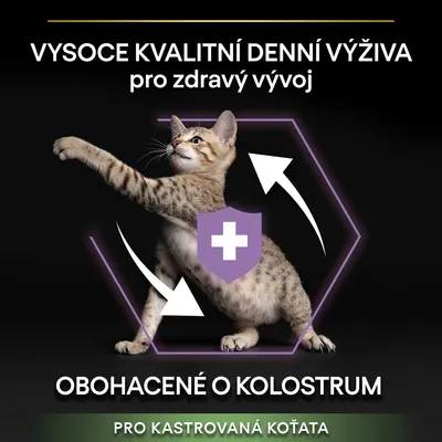 VYSOCE KVALITNÍ DENNÍ VÝŽIVA pro zdravý vývoj, OBOHACENÉ O KOLOSTRUM, PRO KASTROVANÁ KOŤATA. Text v češtine na obrázku s mačiatkom a symbolom štítu.